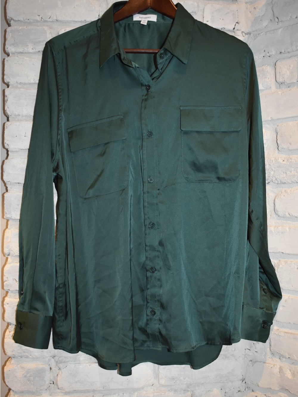 Equipment Classic Signature Satin Blouse L June Bug Emerald Green Button Up